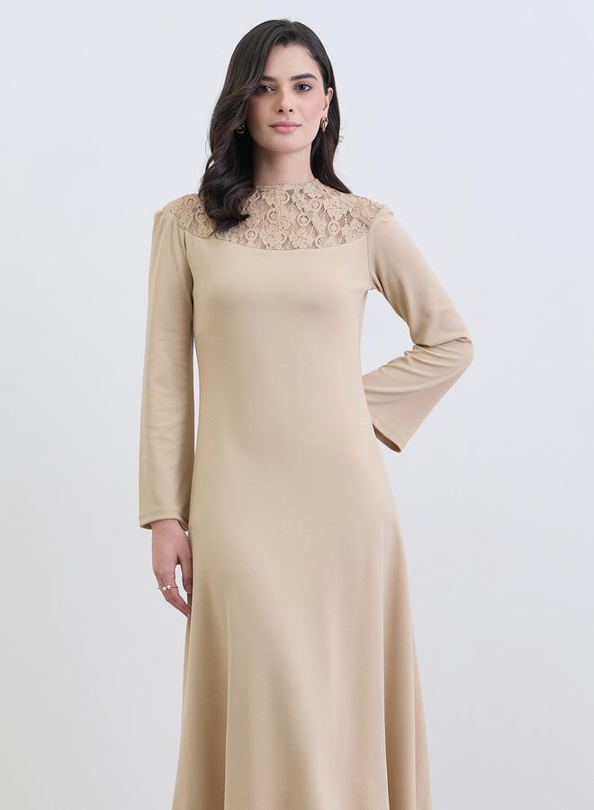 Styli Women Beige Lace Detail Long Sleeves Midi Dress - Image 3